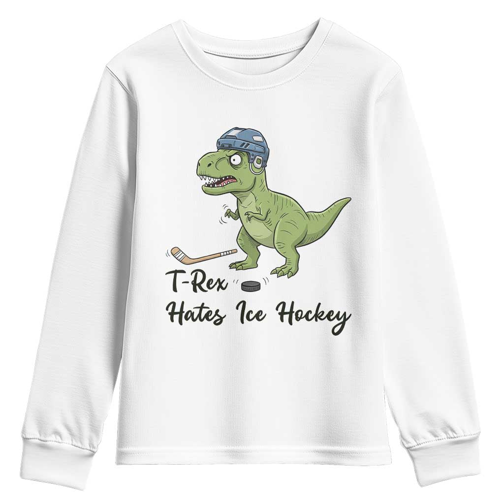 Dino Hates Ice Hockey Youth Sweatshirt Funny Ice Sports Dinosaur Gift - Wonder Print Shop