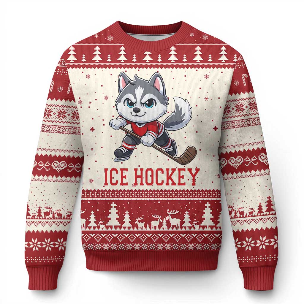 Funny Husky Playing Ice Hockey Ugly Christmas Sweater Gift For Dog Lovers - Wonder Print Shop