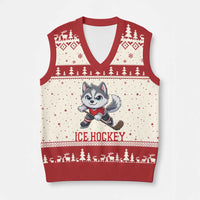 Funny Husky Playing Ice Hockey V-Neck Knit Sweater Vest Gift For Dog Lovers - Wonder Print Shop
