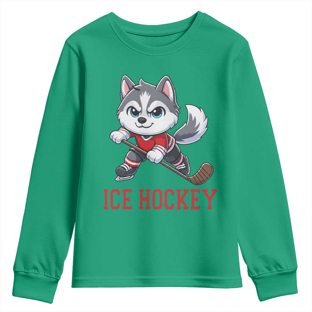Funny Husky Playing Ice Hockey Youth Sweatshirt Gift For Dog Lovers - Wonder Print Shop