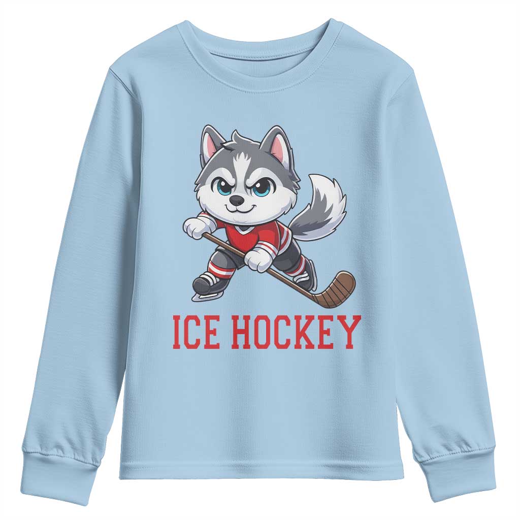 Funny Husky Playing Ice Hockey Youth Sweatshirt Gift For Dog Lovers - Wonder Print Shop