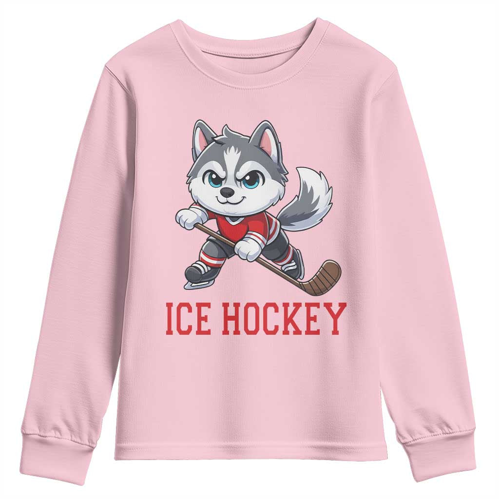 Funny Husky Playing Ice Hockey Youth Sweatshirt Gift For Dog Lovers - Wonder Print Shop
