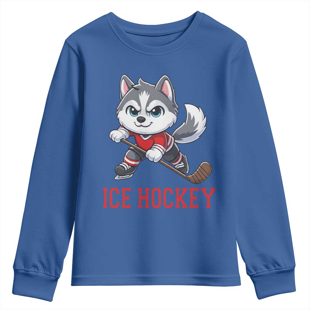 Funny Husky Playing Ice Hockey Youth Sweatshirt Gift For Dog Lovers - Wonder Print Shop