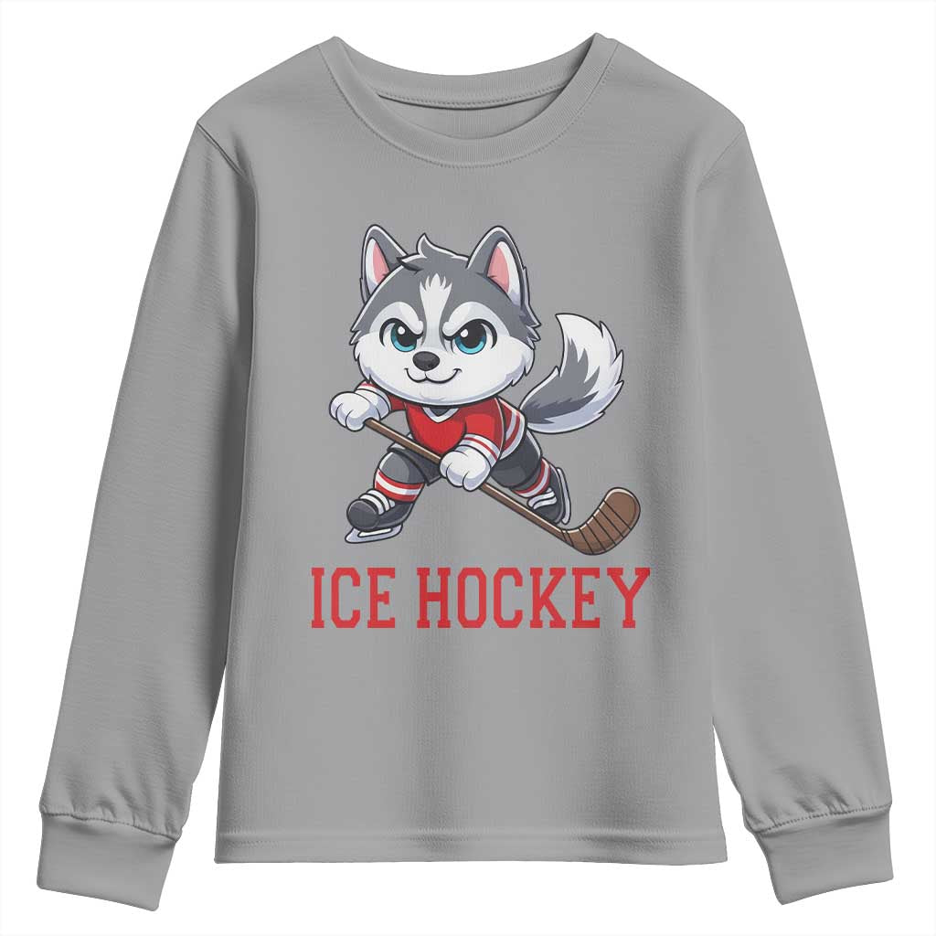 Funny Husky Playing Ice Hockey Youth Sweatshirt Gift For Dog Lovers - Wonder Print Shop