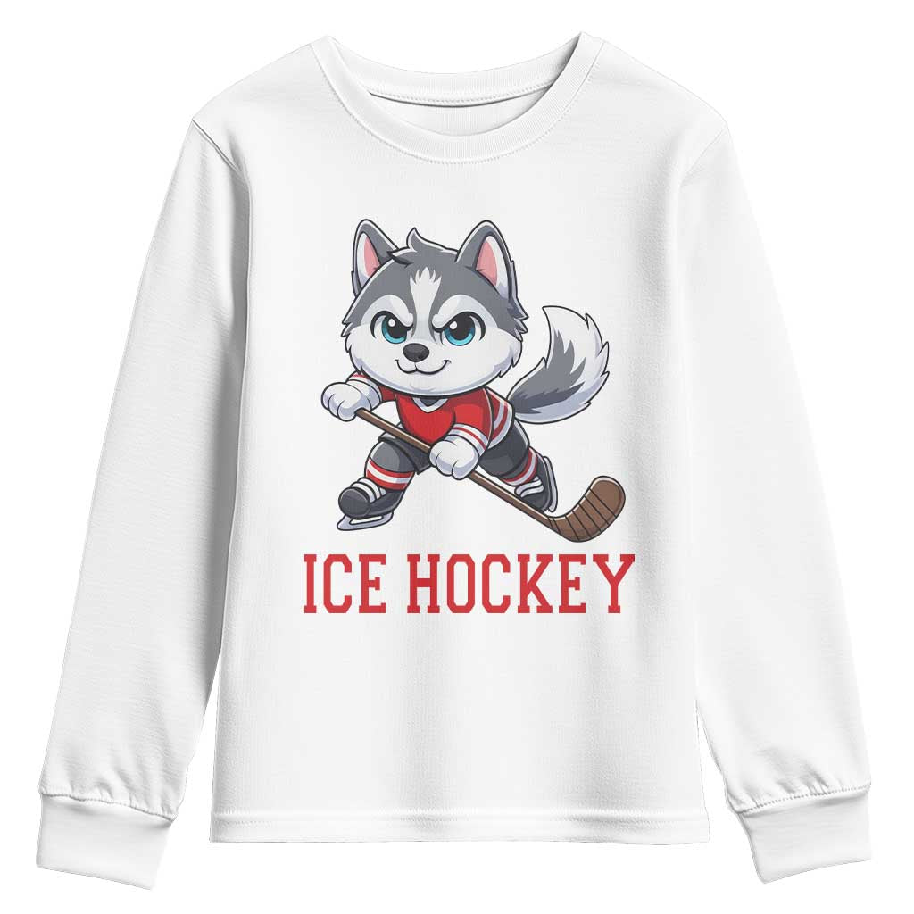 Funny Husky Playing Ice Hockey Youth Sweatshirt Gift For Dog Lovers - Wonder Print Shop