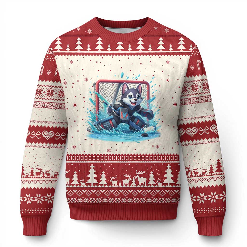 Siberian Husky Ice Hockey Player Ugly Christmas Sweater Funny Goalie Gift - Wonder Print Shop