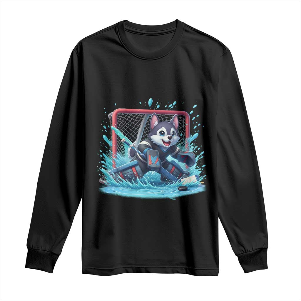 Siberian Husky Ice Hockey Player Long Sleeve Shirt Funny Goalie Gift - Wonder Print Shop