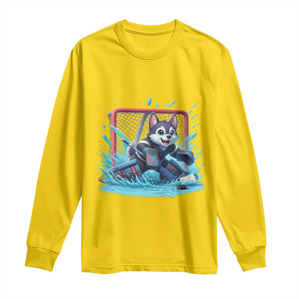 Siberian Husky Ice Hockey Player Long Sleeve Shirt Funny Goalie Gift - Wonder Print Shop