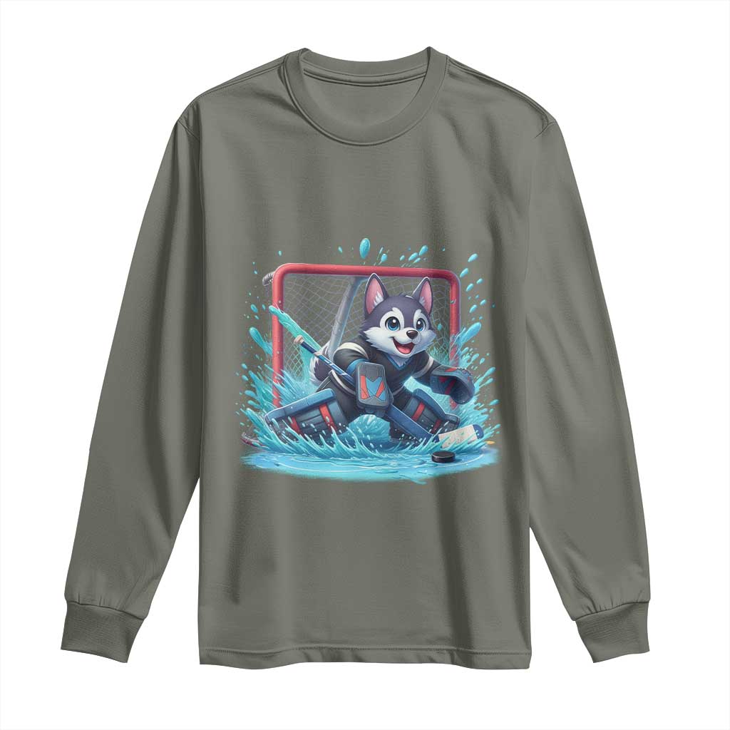 Siberian Husky Ice Hockey Player Long Sleeve Shirt Funny Goalie Gift - Wonder Print Shop