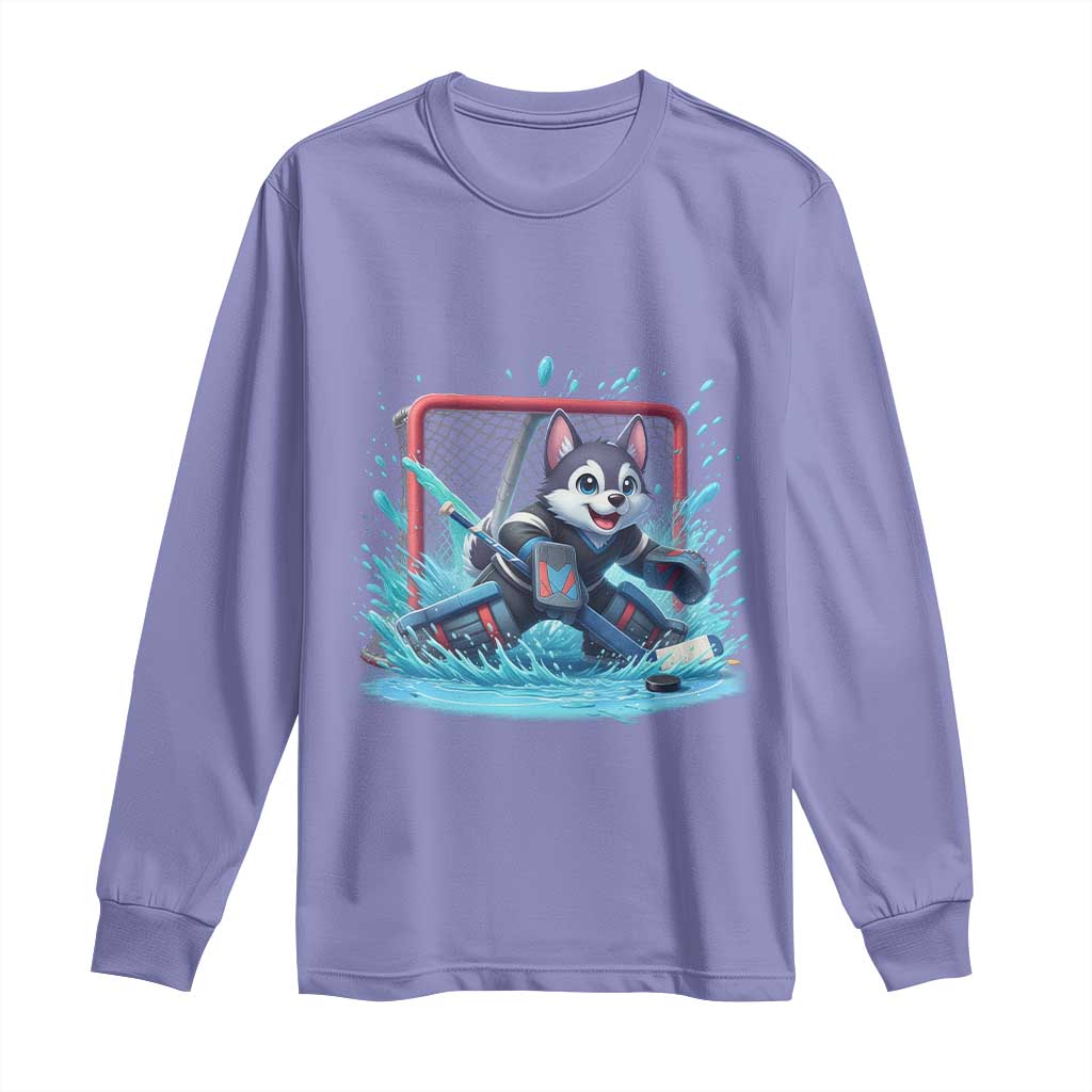 Siberian Husky Ice Hockey Player Long Sleeve Shirt Funny Goalie Gift - Wonder Print Shop