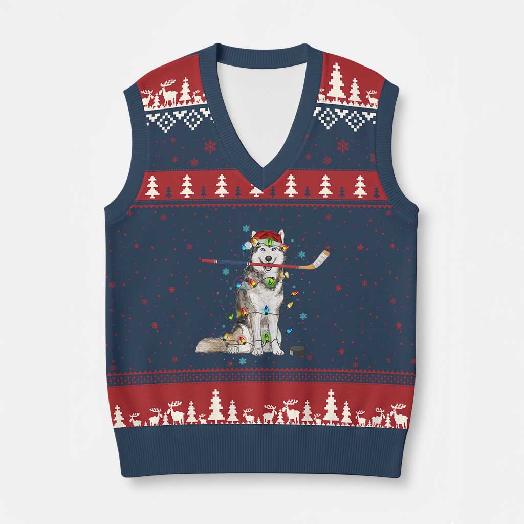 Funny Xmas Husky Ice Hockey Player Holiday Gift V-Neck Knit Sweater Vest - Wonder Print Shop