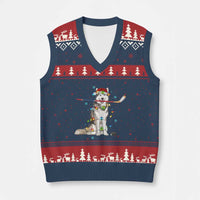 Funny Xmas Husky Ice Hockey Player Holiday Gift V-Neck Knit Sweater Vest - Wonder Print Shop