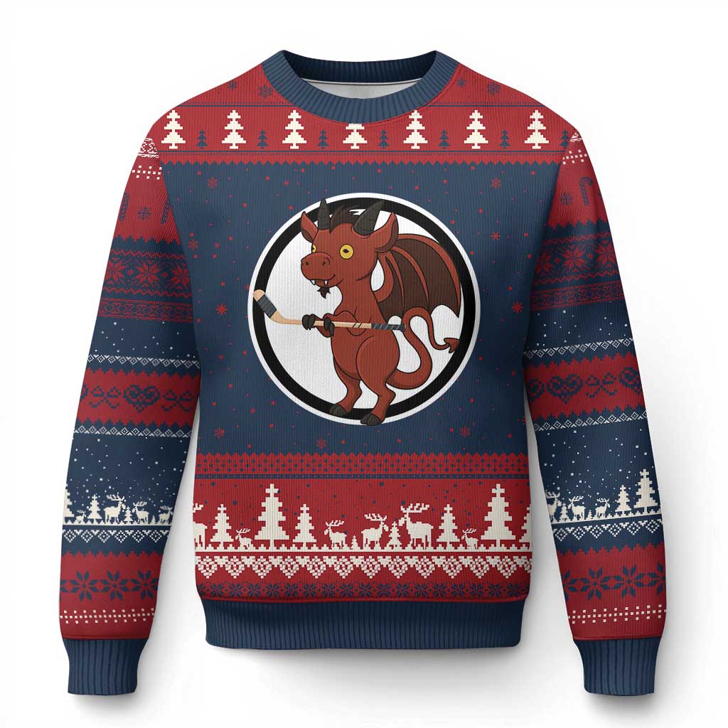 Funny Cryptid Sports Gift Ugly Christmas Sweater Jersey Devil Playing Ice Hockey - Wonder Print Shop