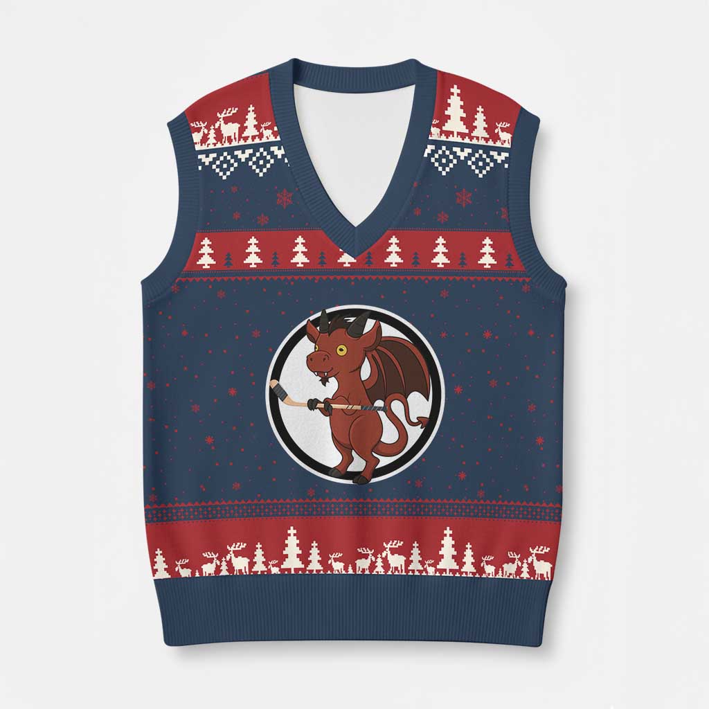 Funny Cryptid Sports Gift V-Neck Knit Sweater Vest Jersey Devil Playing Ice Hockey - Wonder Print Shop