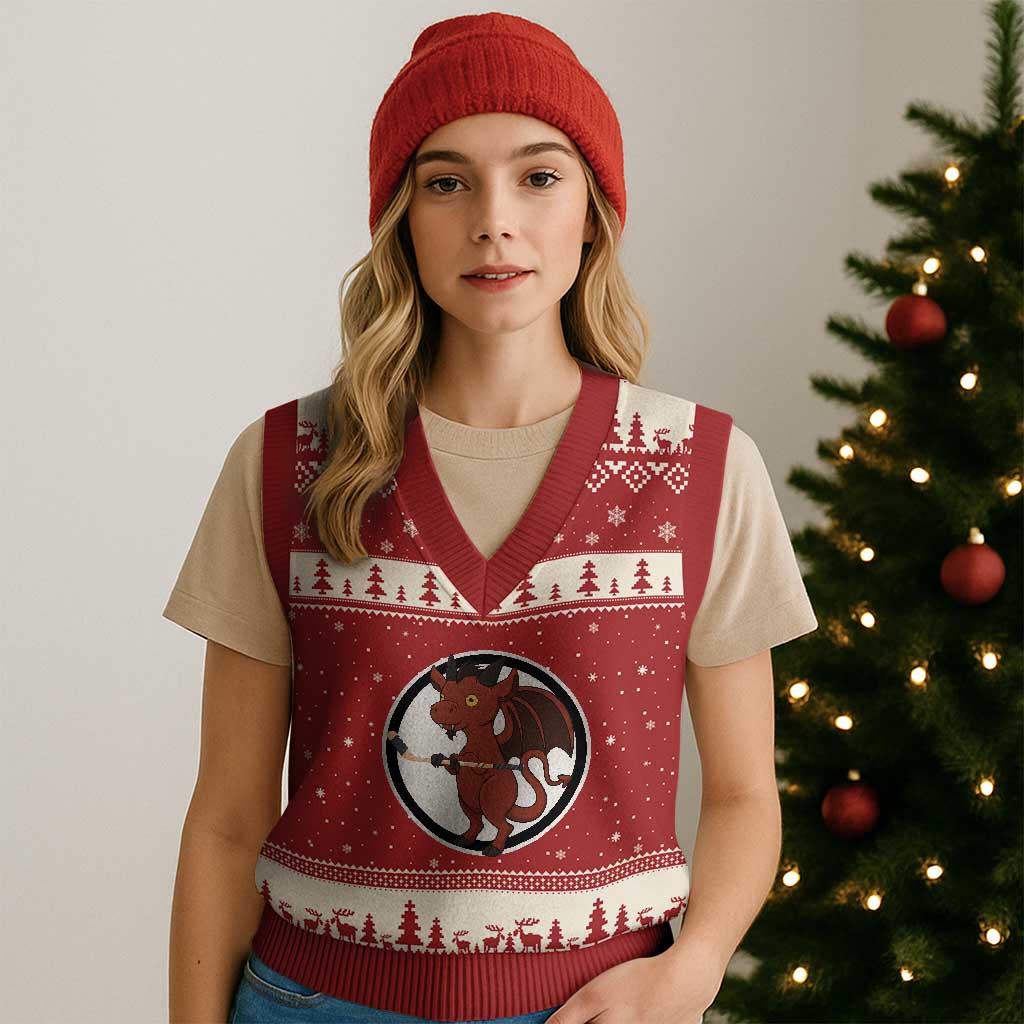 Funny Cryptid Sports Gift V-Neck Knit Sweater Vest Jersey Devil Playing Ice Hockey - Wonder Print Shop