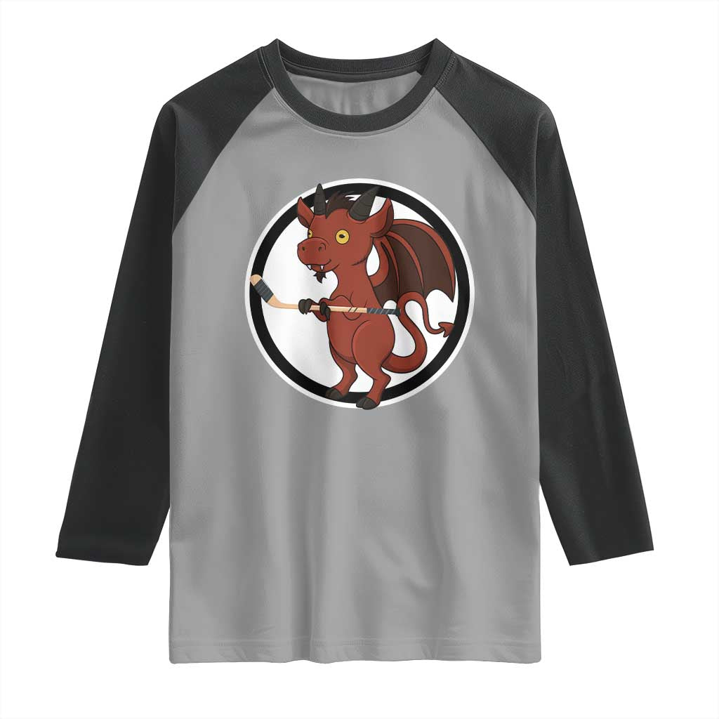 Funny Cryptid Sports Gift Raglan Shirt Jersey Devil Playing Ice Hockey - Wonder Print Shop