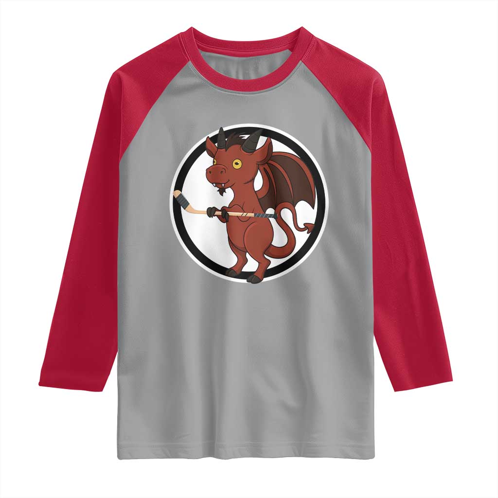 Funny Cryptid Sports Gift Raglan Shirt Jersey Devil Playing Ice Hockey - Wonder Print Shop