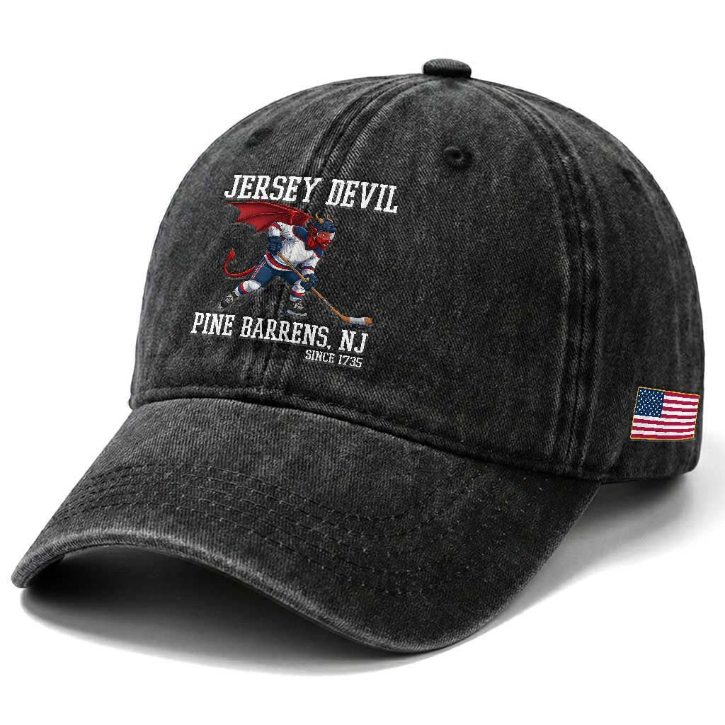 Pine Barrens New Jersey Devil Washed Cotton Baseball Cap Gothic Horror Ice Hockey Gift