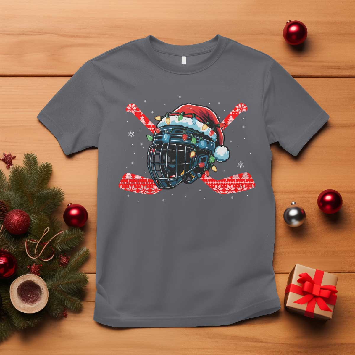 Christmas Ice Hockey Helmet Santa T Shirt Funny Xmas Gift - Wonder Print Shop