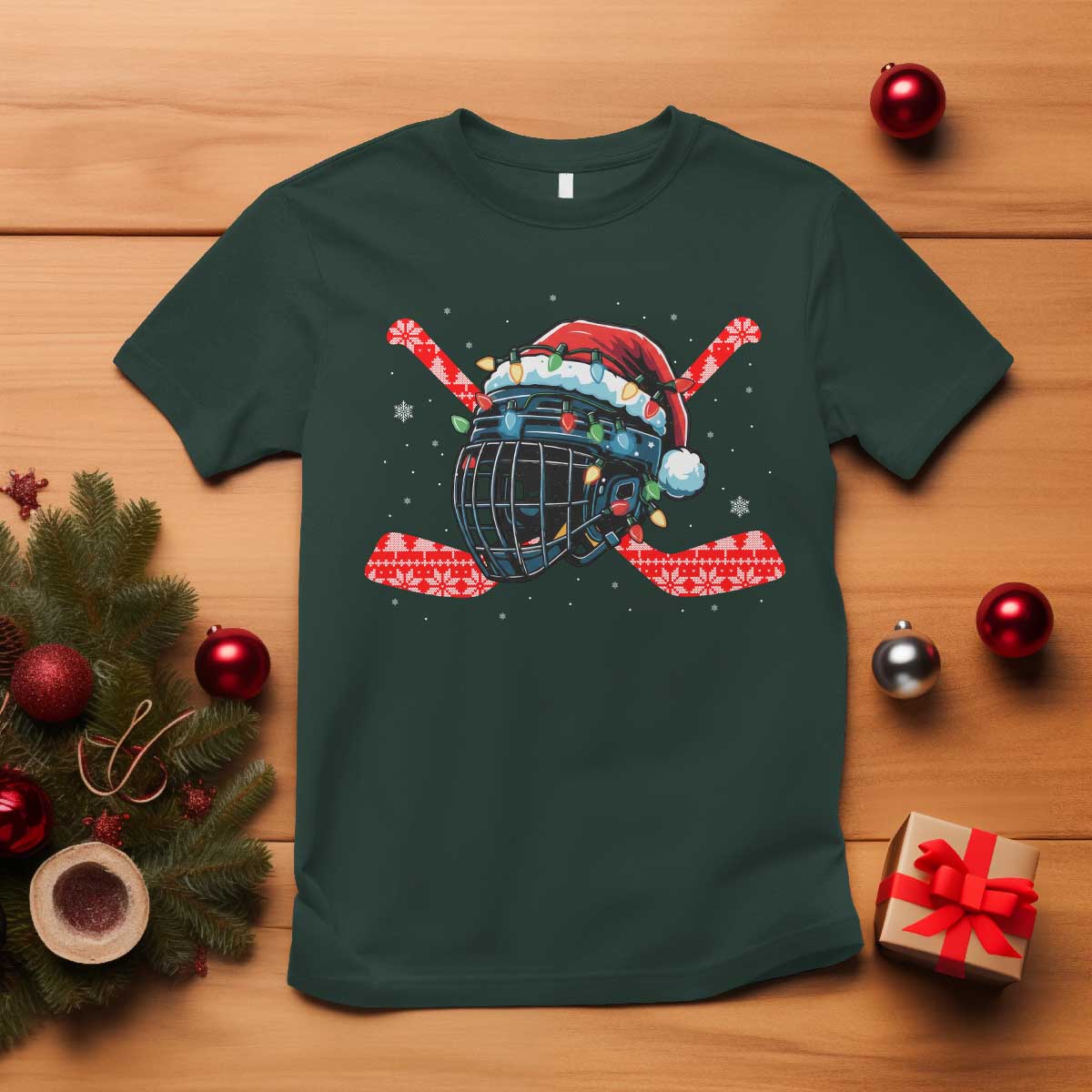 Christmas Ice Hockey Helmet Santa T Shirt Funny Xmas Gift - Wonder Print Shop