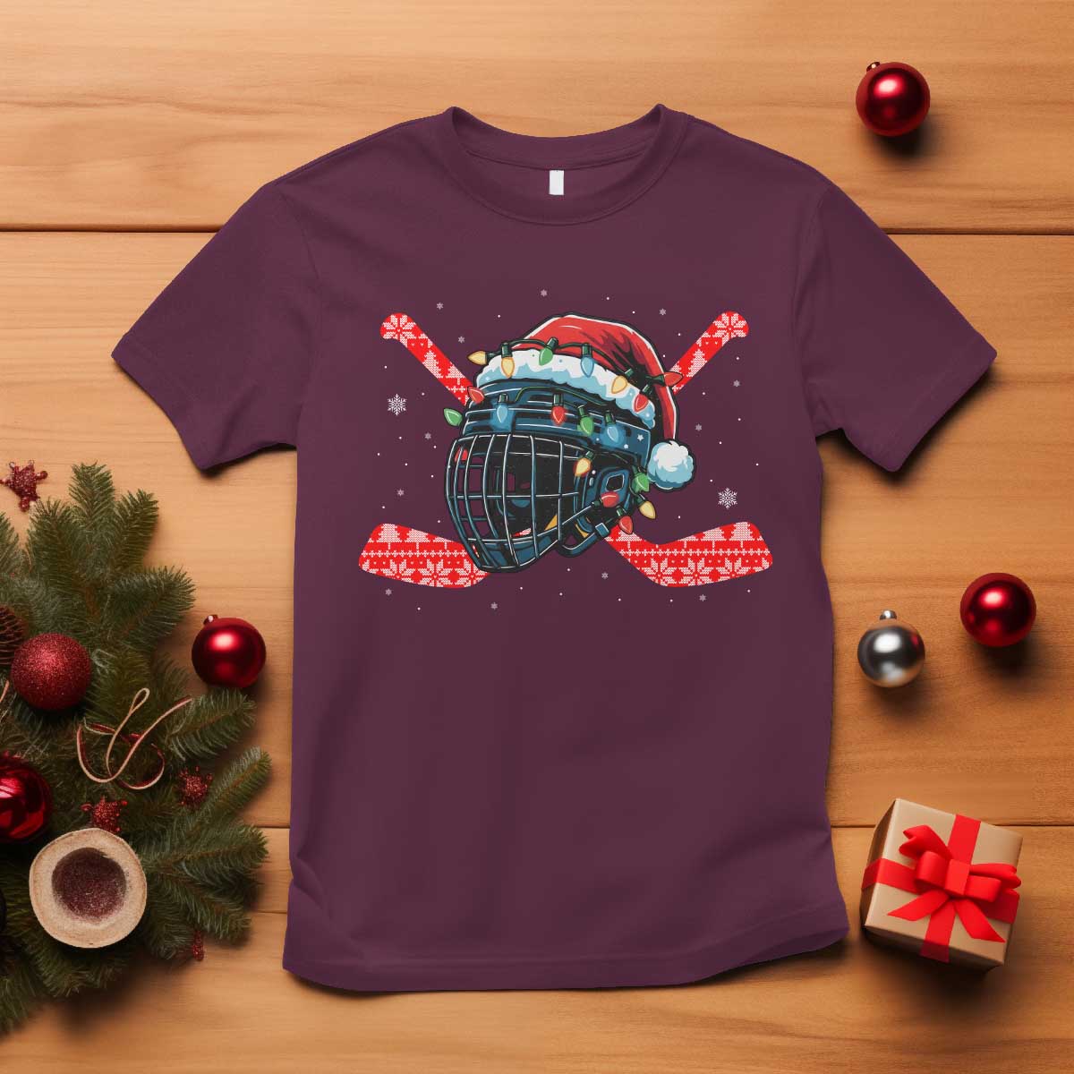 Christmas Ice Hockey Helmet Santa T Shirt Funny Xmas Gift - Wonder Print Shop