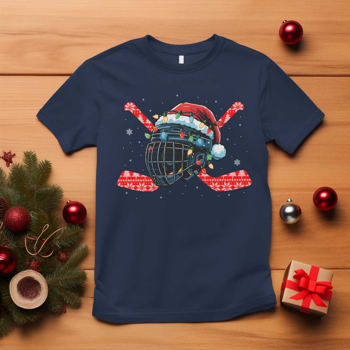 Christmas Ice Hockey Helmet Santa T Shirt Funny Xmas Gift - Wonder Print Shop