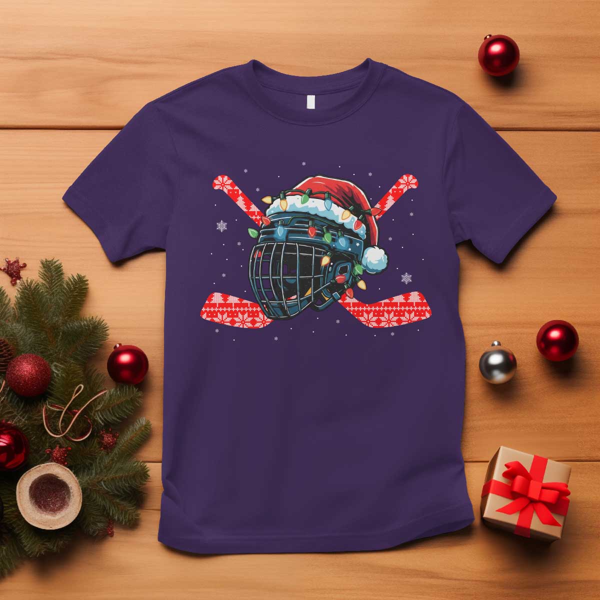 Christmas Ice Hockey Helmet Santa T Shirt Funny Xmas Gift - Wonder Print Shop