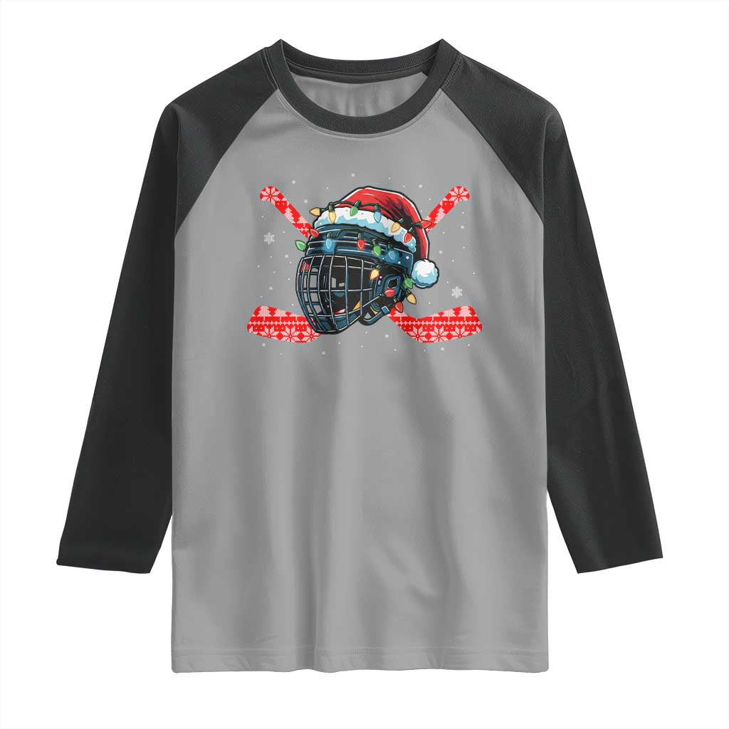 Christmas Ice Hockey Helmet Santa Raglan Shirt Funny Xmas Gift - Wonder Print Shop