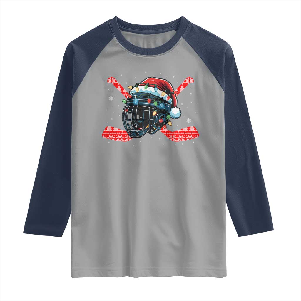 Christmas Ice Hockey Helmet Santa Raglan Shirt Funny Xmas Gift - Wonder Print Shop