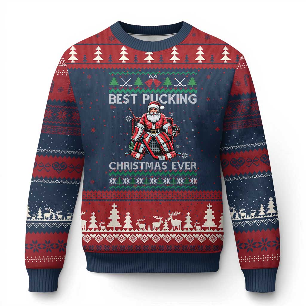 Best Pucking Xmas Ever Ugly Christmas Sweater Santa Hockey Goalie Ugly Sweater Gift - Wonder Print Shop