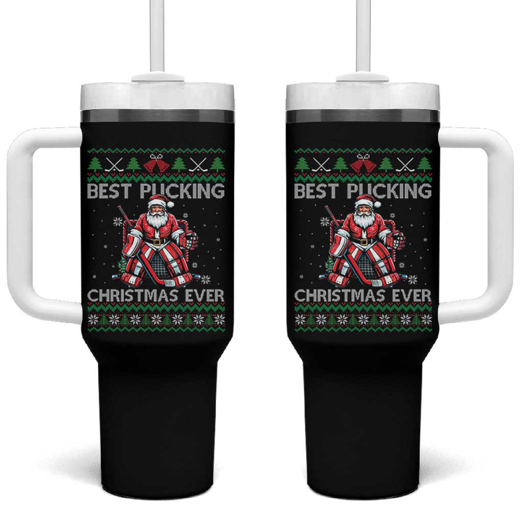 Best Pucking Christmas Ever Tumbler With Handle Santa Hockey Goalie Ugly Sweater Gift - Wonder Print Shop