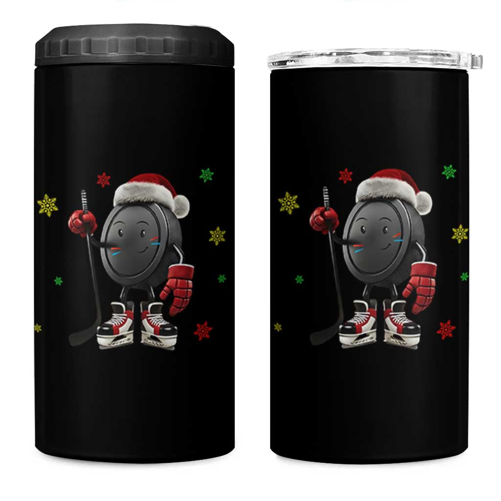 Funny Ice Hockey Holiday Gift 4 in 1 Can Cooler Tumbler Cute Puck Wearing Santa Hat - Wonder Print Shop
