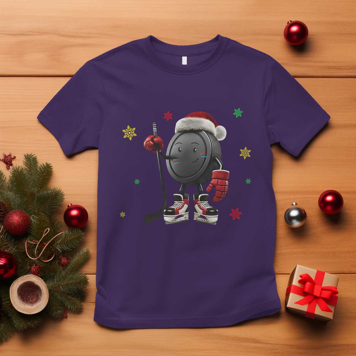 Funny Ice Hockey Holiday Gift T Shirt Cute Puck Wearing Santa Hat - Wonder Print Shop