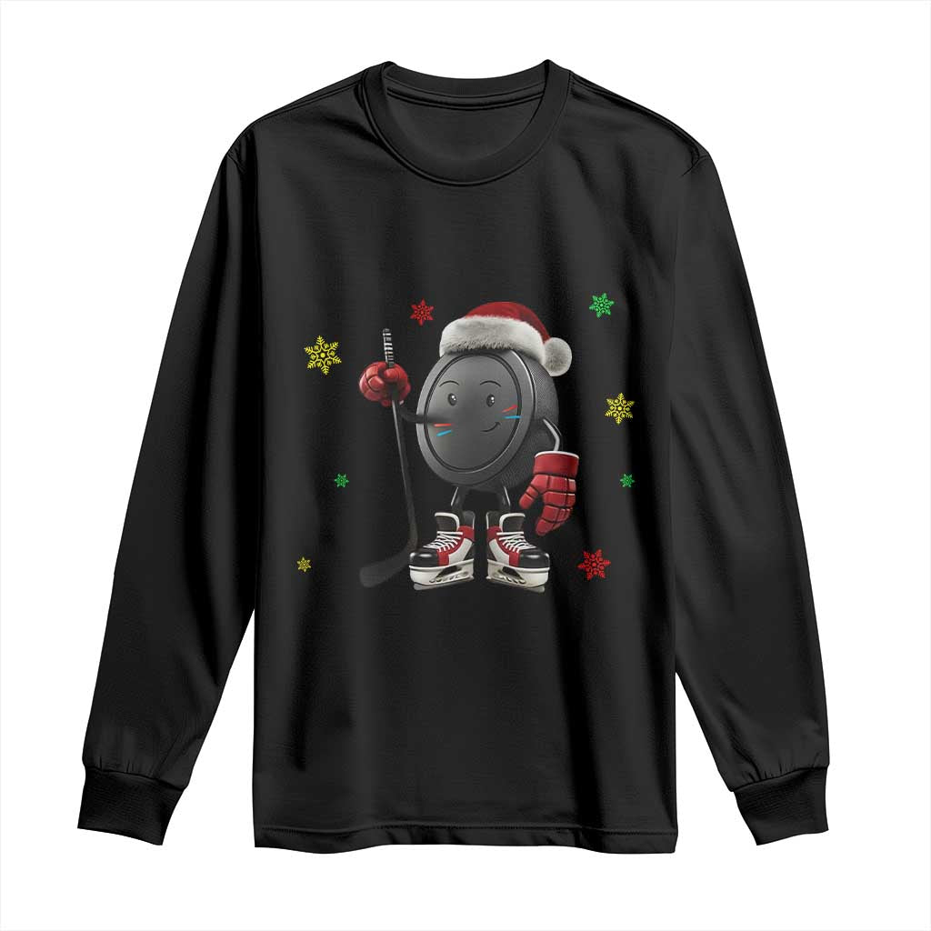 Funny Ice Hockey Holiday Gift Long Sleeve Shirt Cute Puck Wearing Santa Hat - Wonder Print Shop