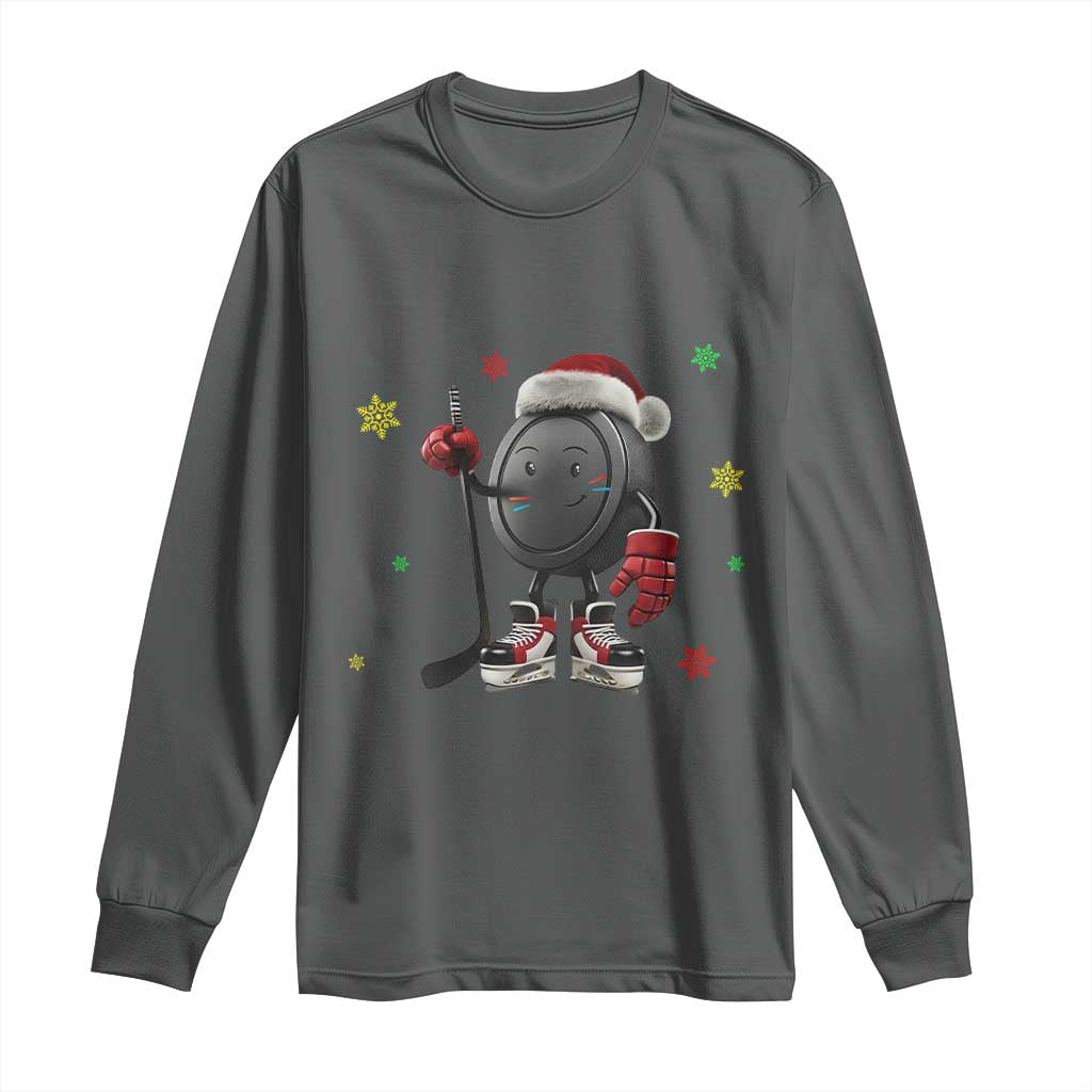 Funny Ice Hockey Holiday Gift Long Sleeve Shirt Cute Puck Wearing Santa Hat - Wonder Print Shop