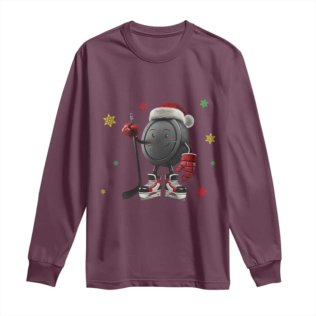 Funny Ice Hockey Holiday Gift Long Sleeve Shirt Cute Puck Wearing Santa Hat - Wonder Print Shop