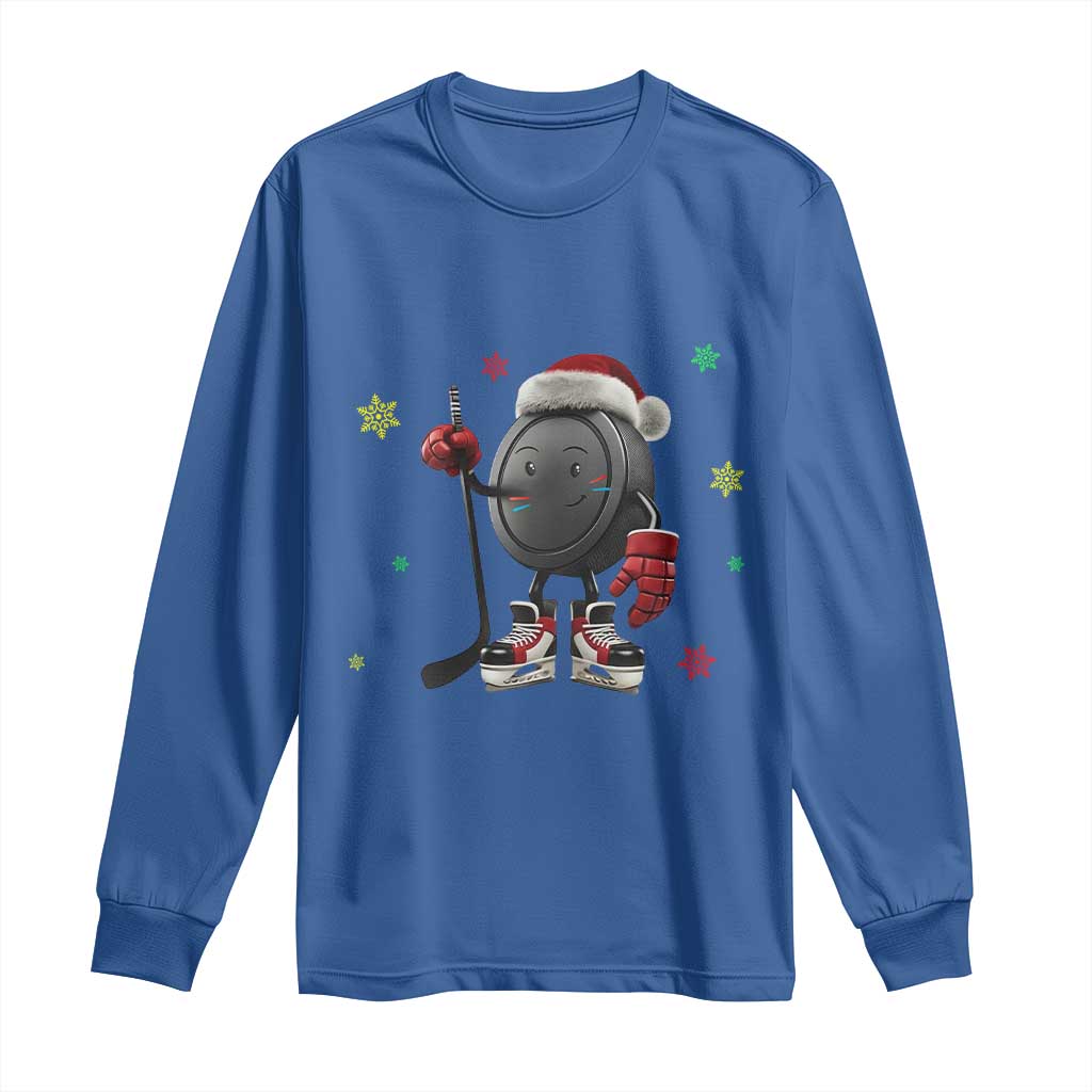 Funny Ice Hockey Holiday Gift Long Sleeve Shirt Cute Puck Wearing Santa Hat - Wonder Print Shop