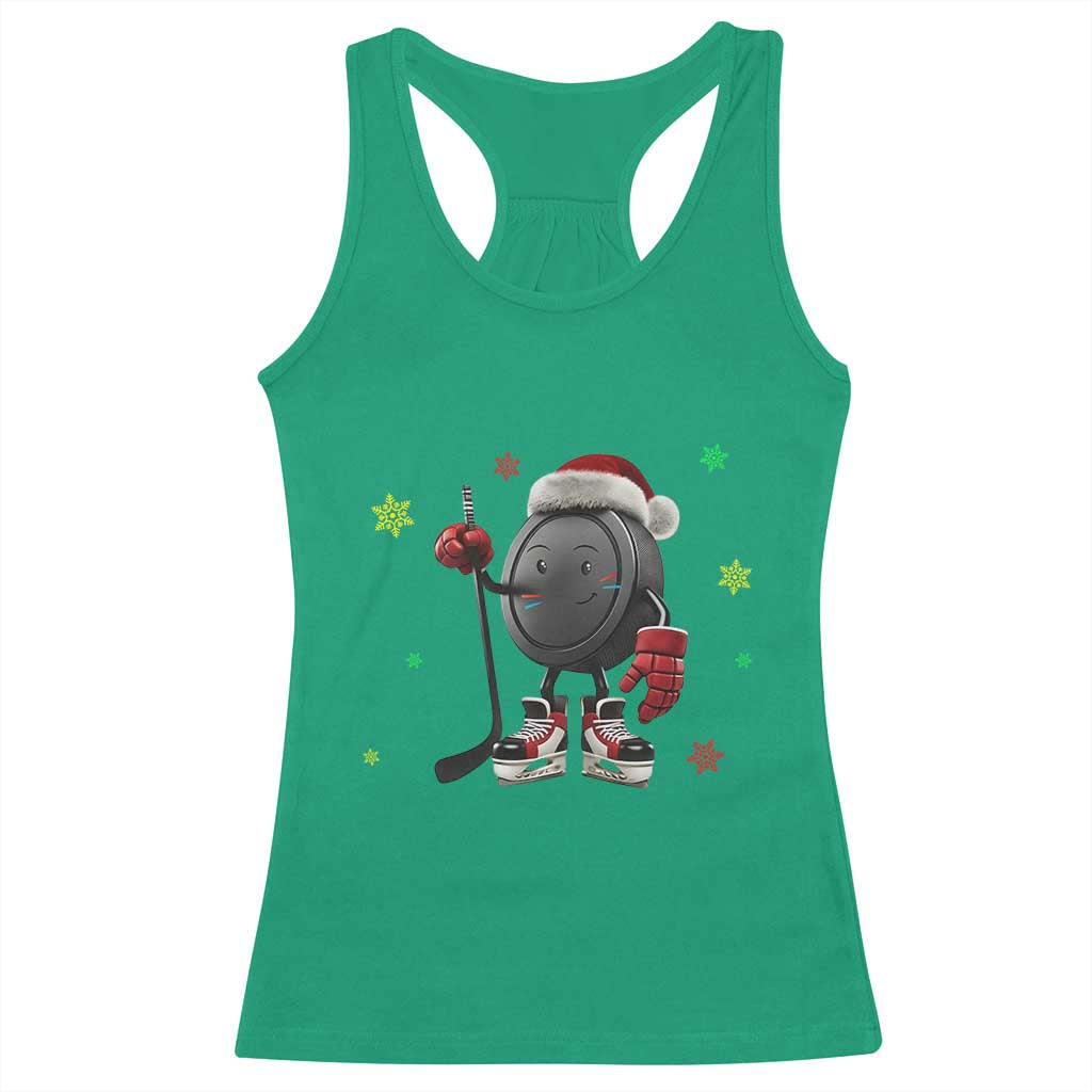 Funny Ice Hockey Holiday Gift Racerback Tank Top Cute Puck Wearing Santa Hat - Wonder Print Shop