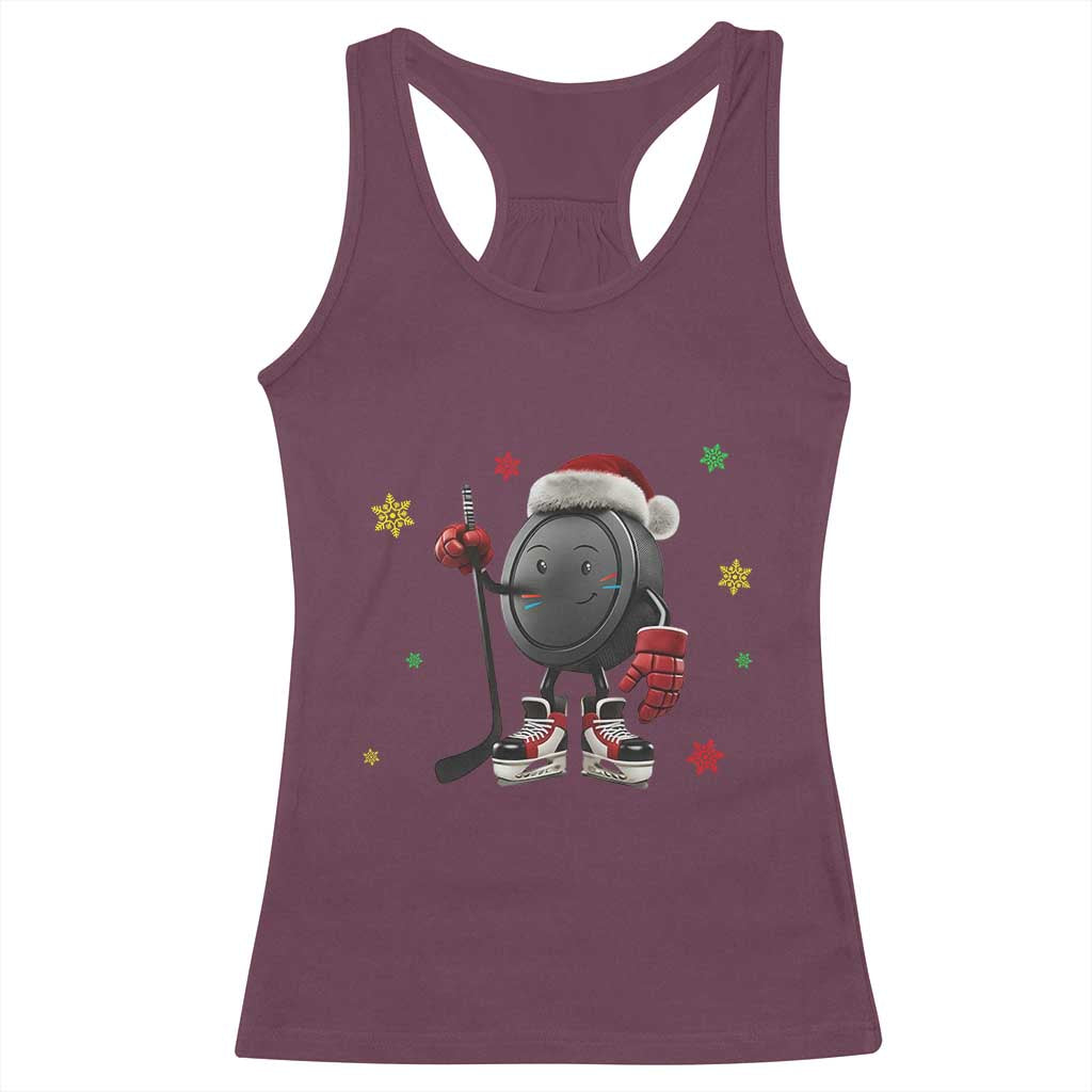 Funny Ice Hockey Holiday Gift Racerback Tank Top Cute Puck Wearing Santa Hat - Wonder Print Shop