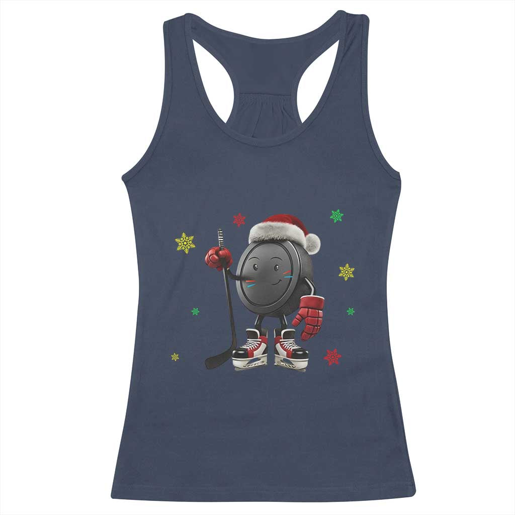 Funny Ice Hockey Holiday Gift Racerback Tank Top Cute Puck Wearing Santa Hat - Wonder Print Shop