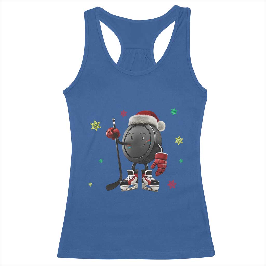 Funny Ice Hockey Holiday Gift Racerback Tank Top Cute Puck Wearing Santa Hat - Wonder Print Shop