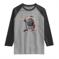 Funny Ice Hockey Holiday Gift Raglan Shirt Cute Puck Wearing Santa Hat - Wonder Print Shop