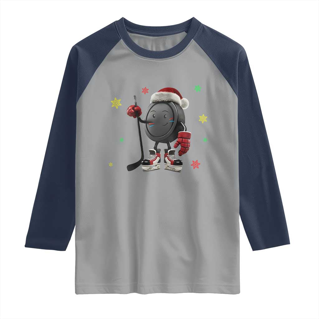 Funny Ice Hockey Holiday Gift Raglan Shirt Cute Puck Wearing Santa Hat - Wonder Print Shop