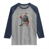 Funny Ice Hockey Holiday Gift Raglan Shirt Cute Puck Wearing Santa Hat - Wonder Print Shop