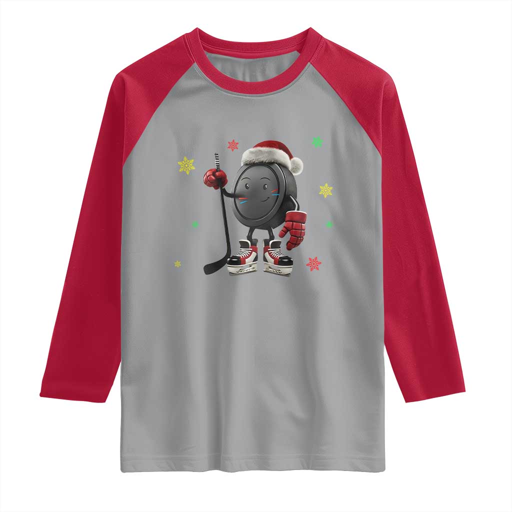 Funny Ice Hockey Holiday Gift Raglan Shirt Cute Puck Wearing Santa Hat - Wonder Print Shop