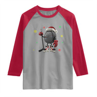 Funny Ice Hockey Holiday Gift Raglan Shirt Cute Puck Wearing Santa Hat - Wonder Print Shop