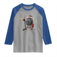 Funny Ice Hockey Holiday Gift Raglan Shirt Cute Puck Wearing Santa Hat - Wonder Print Shop