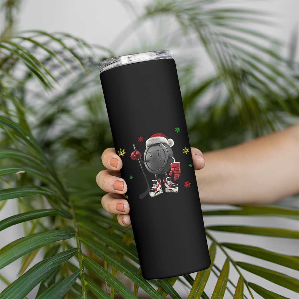 Funny Ice Hockey Holiday Gift Skinny Tumbler Cute Puck Wearing Santa Hat - Wonder Print Shop