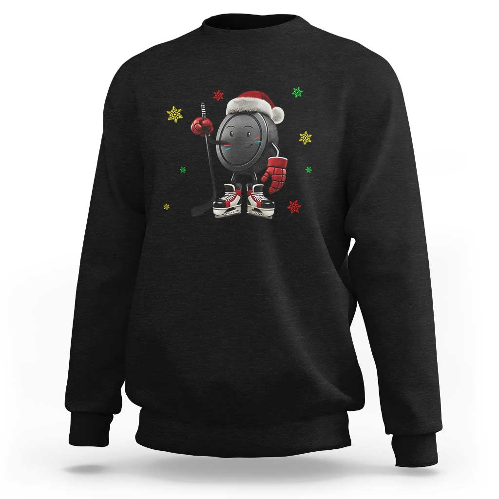 Funny Ice Hockey Holiday Gift Sweatshirt Cute Puck Wearing Santa Hat - Wonder Print Shop