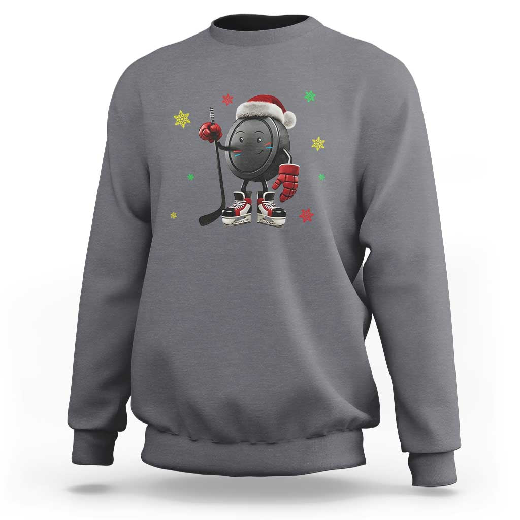 Funny Ice Hockey Holiday Gift Sweatshirt Cute Puck Wearing Santa Hat - Wonder Print Shop